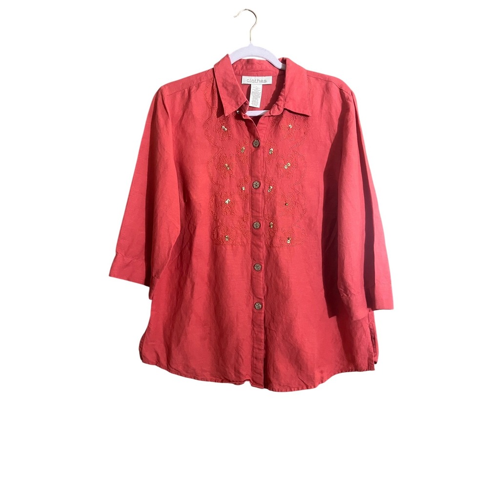 CLOTHES Women Coral Pink Linen Blend Embroidered Sequin Button Down Shirt‎ Large